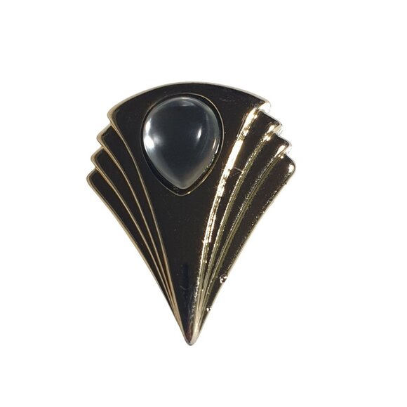 Vintage Art Deco Style Gold Tone Brooch Clear Cabochon Fan Design Pin Plastic - Picture 1 of 5